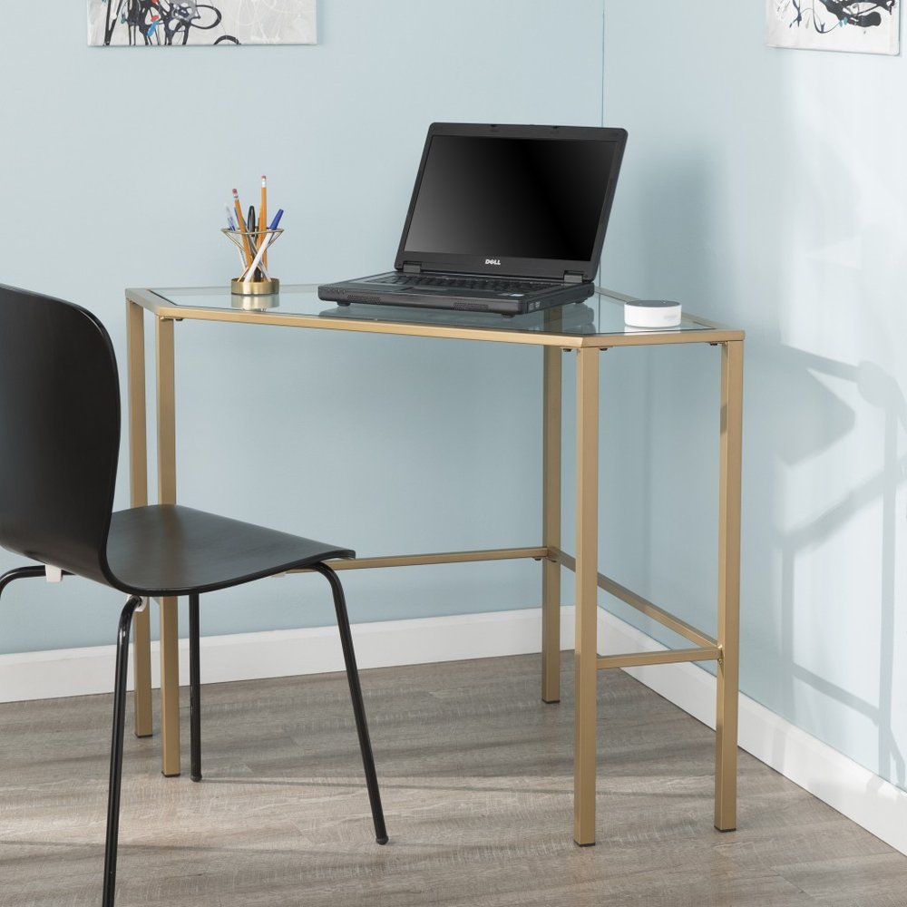 42" Clear and Gold Glass and Iron Corner Writing Desk
