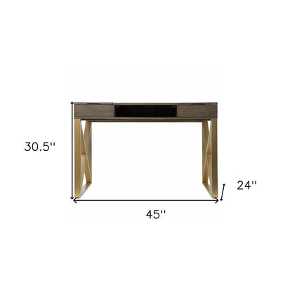 45" Gray and Gold Wood Sled With Two Drawers