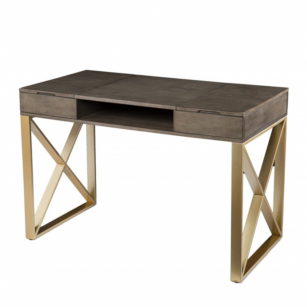 45" Gray and Gold Wood Sled With Two Drawers