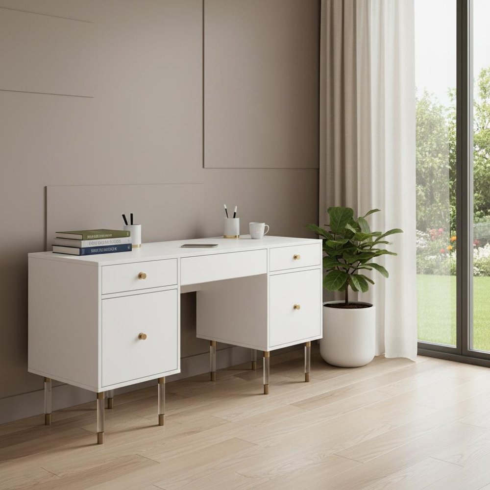 55" White Writing Desk With Four Drawers
