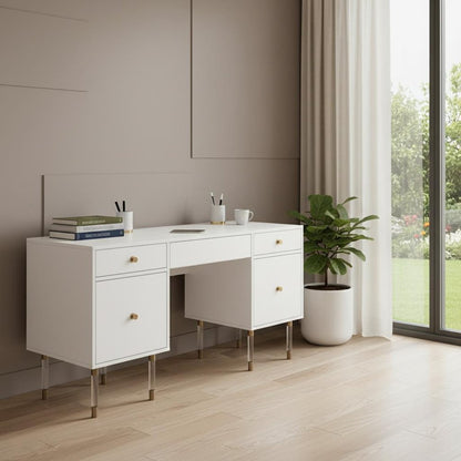 55" White Writing Desk With Four Drawers