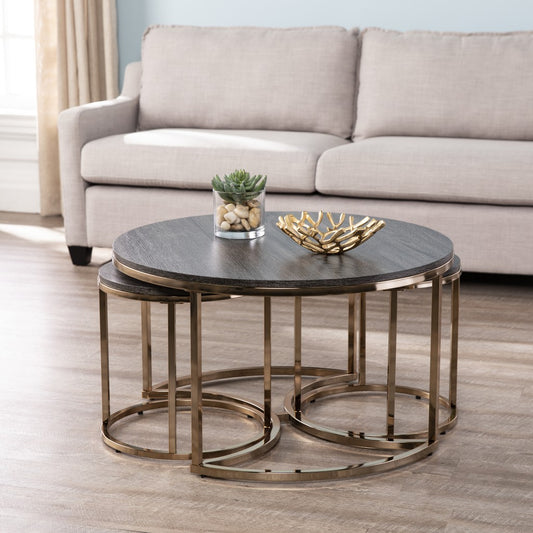 32" Champagne And Charcoal Manufactured Wood And Metal With Iron Round Coffee Table