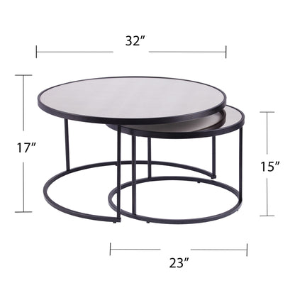 Set of Two Black And Silver Mirrored Round Nested Coffee Table Set