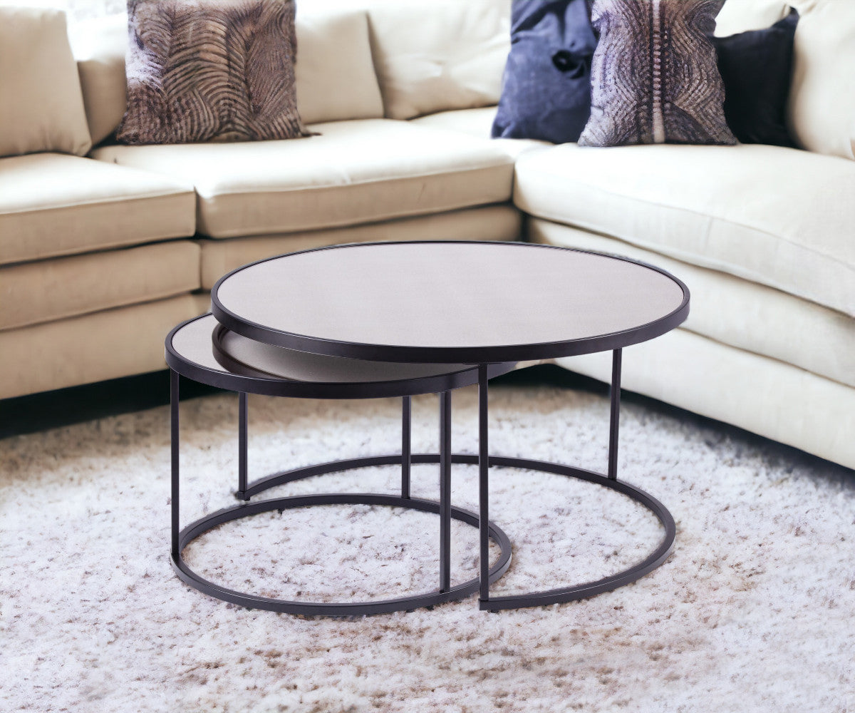 Set of Two Black And Silver Mirrored Round Nested Coffee Table Set