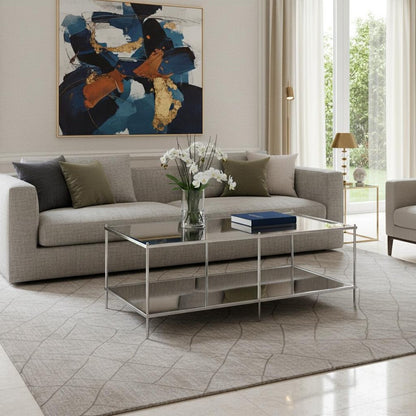 42" Chrome Glass And Metal Rectangular Mirrored Coffee Table