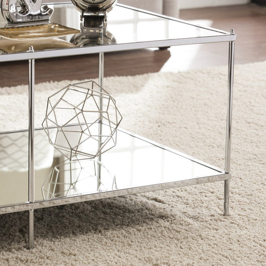 42" Chrome Glass And Metal Rectangular Mirrored Coffee Table