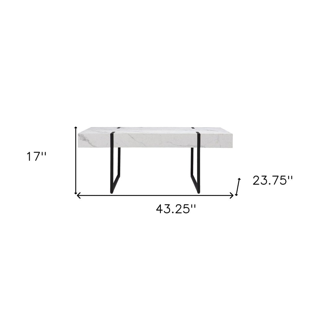 43" White And Black Faux Marble And Metal With Iron Coffee Table