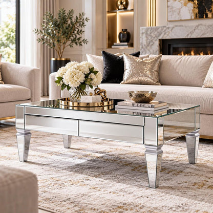 41" Silver Glass With Iron Mirrored Coffee Table