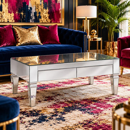 41" Silver Glass With Iron Mirrored Coffee Table