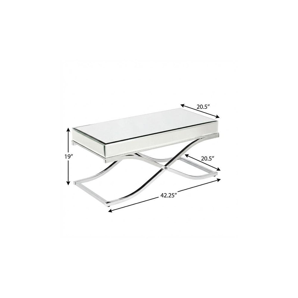 42" Silver Mirrored And Metal Rectangular Mirrored Coffee Table
