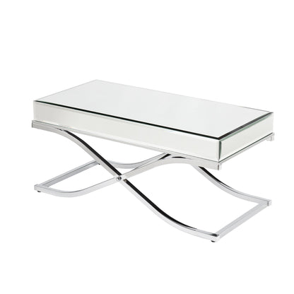 42" Silver Mirrored And Metal Rectangular Mirrored Coffee Table