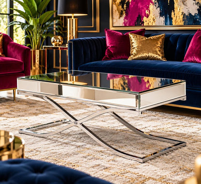42" Silver Mirrored And Metal Rectangular Mirrored Coffee Table