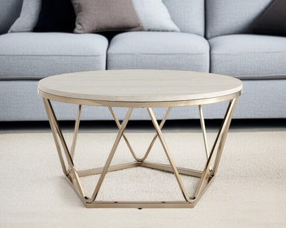 33" Champagne Solid Manufactured Wood And Metal Round Coffee Table