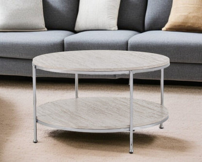 33" Chrome Faux Marble And Metal Round Coffee Table
