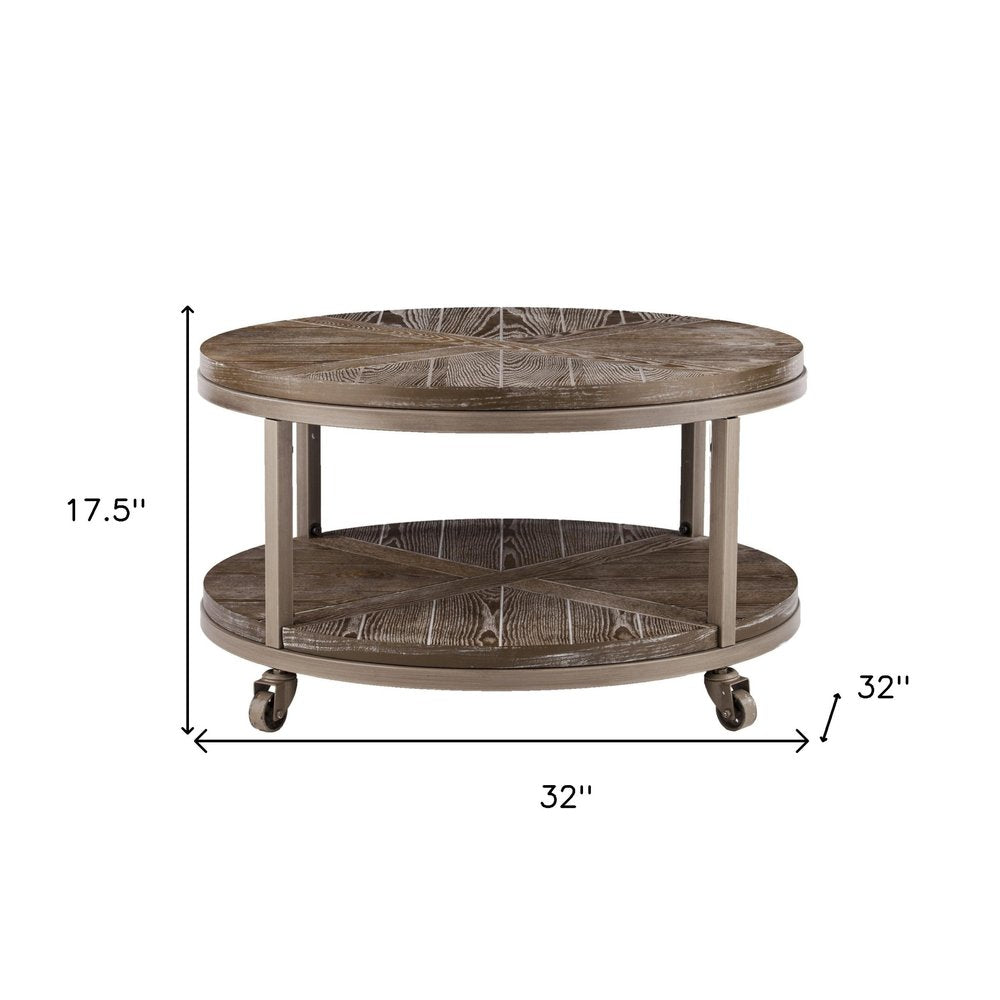 32" Brown Wood And Iron With Iron Round Distressed Coffee Table