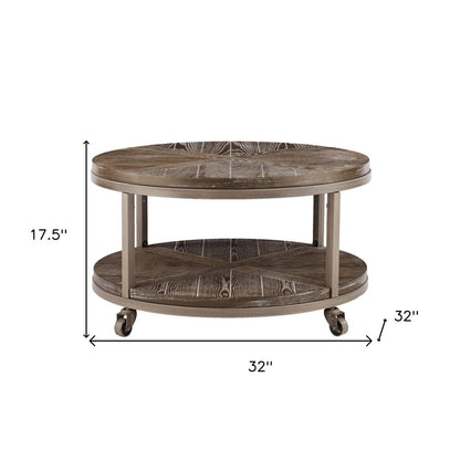 32" Brown Wood And Iron With Iron Round Distressed Coffee Table