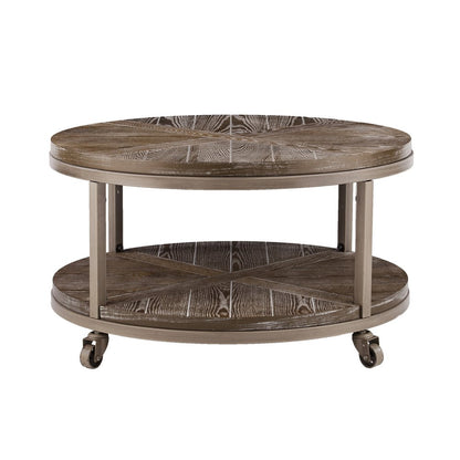 32" Brown Wood And Iron With Iron Round Distressed Coffee Table