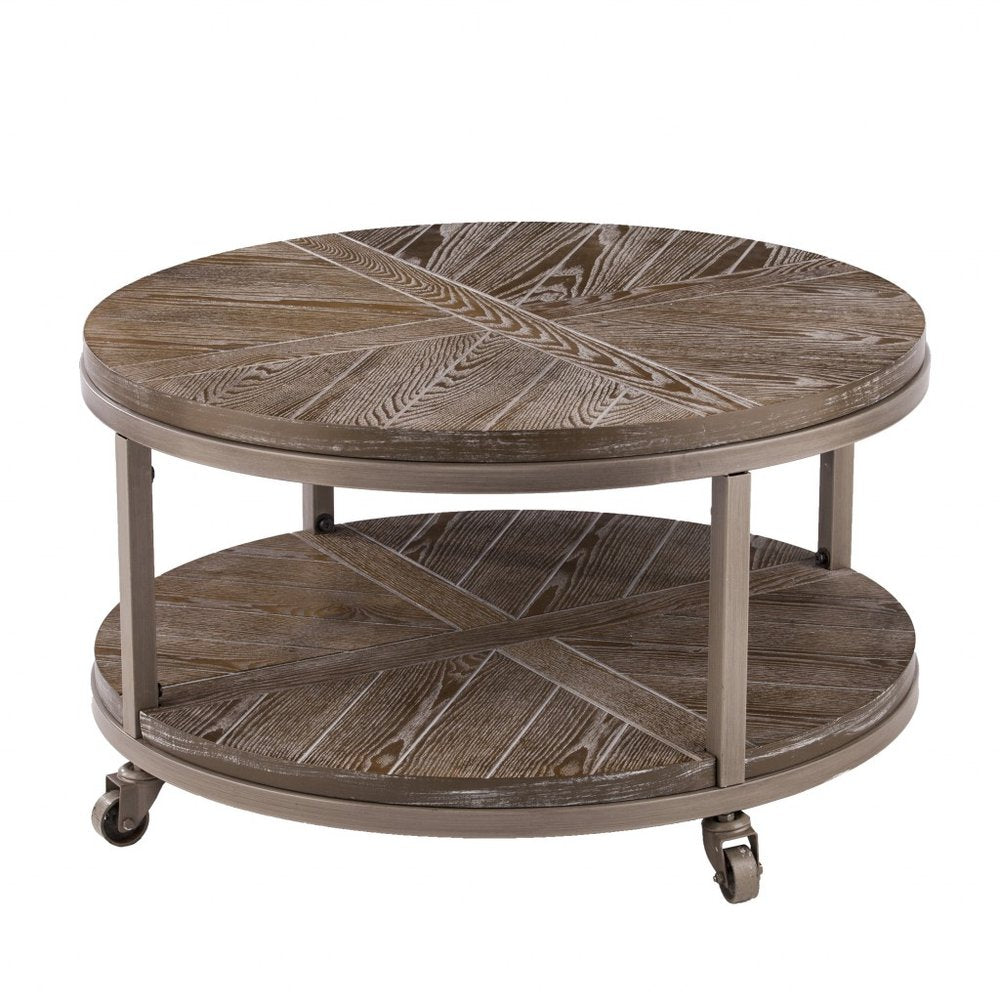 32" Brown Wood And Iron With Iron Round Distressed Coffee Table