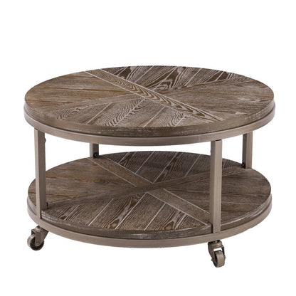 32" Brown Wood And Iron With Iron Round Distressed Coffee Table