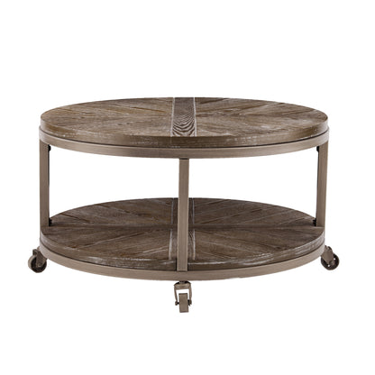 32" Brown Rustic and Distressed Round Two Tier Rolling Coffee Table