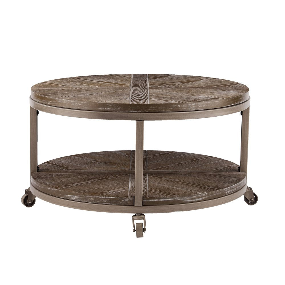 32" Brown Wood And Iron With Iron Round Distressed Coffee Table