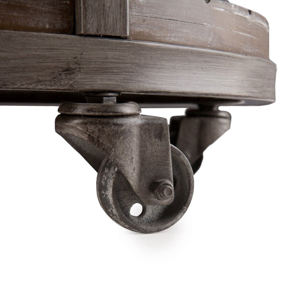 32" Brown Wood And Iron With Iron Round Distressed Coffee Table