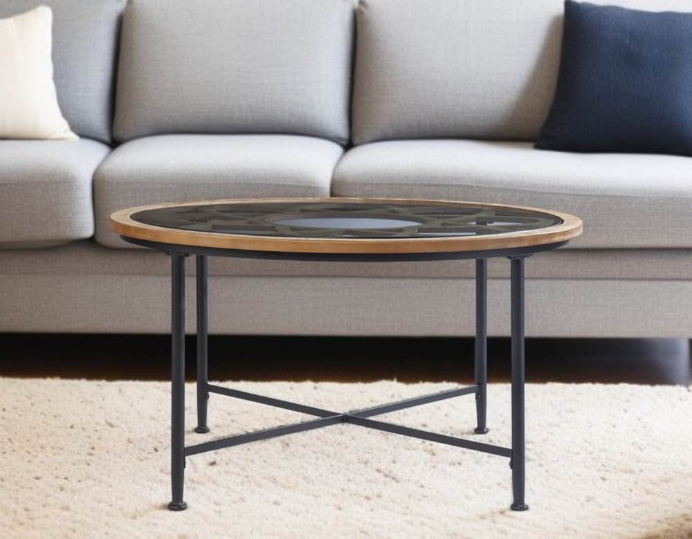 33" Floral Design Glass Top Round Coffee Table