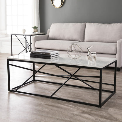 50" Black And White Faux Marble and Metal Geo Rectangular Coffee Table