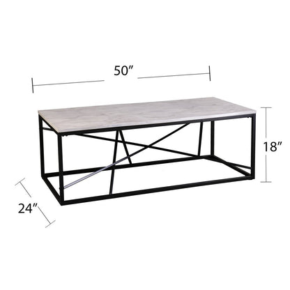 50" Black And White Faux Marble and Metal Geo Rectangular Coffee Table