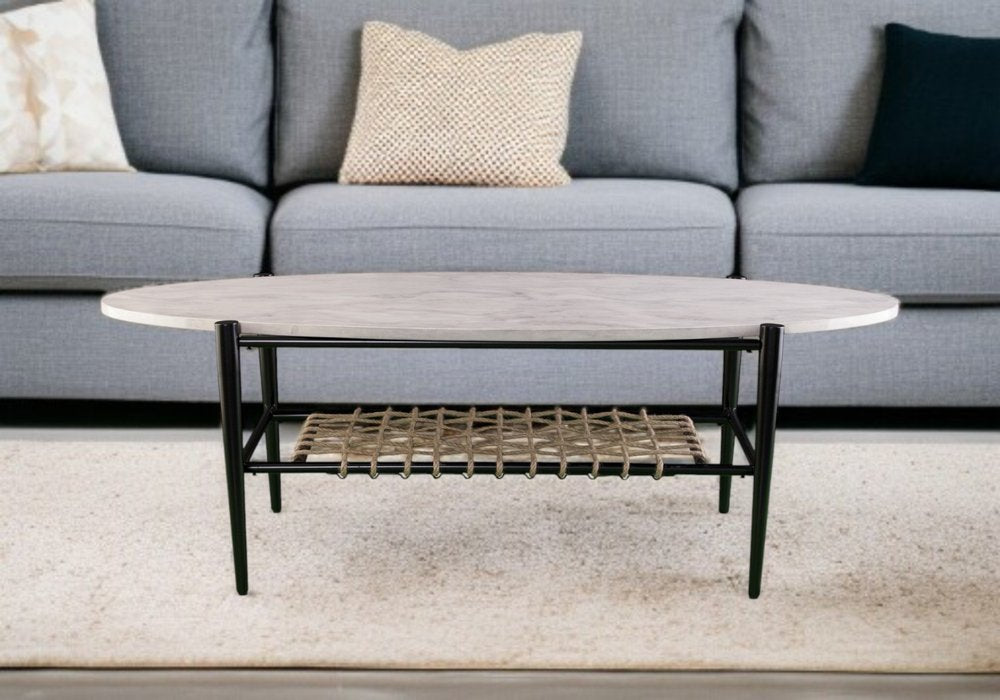 52" Black and White Metal and Faux Marble Boho Rope Oval Coffee Table