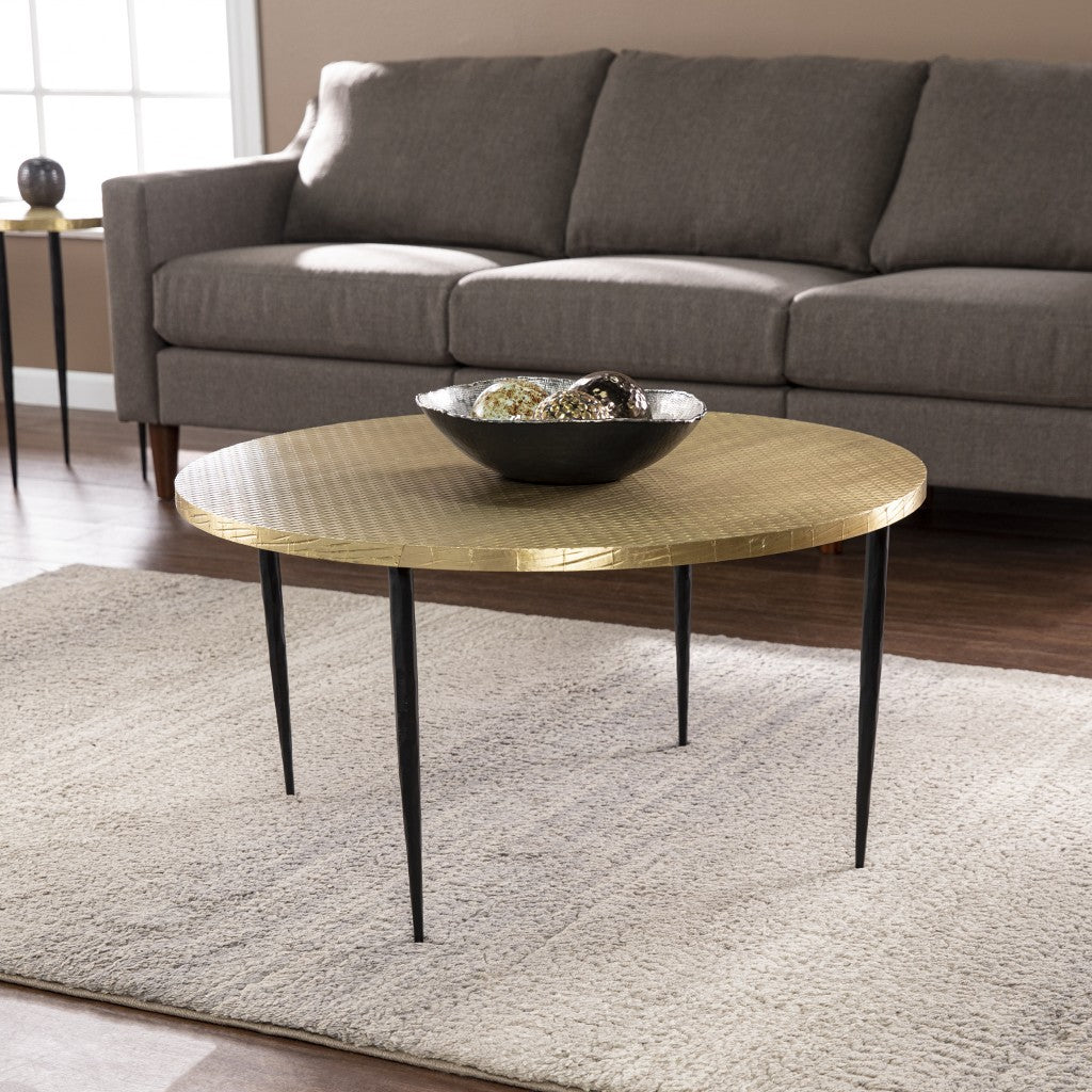 34" Black And Gold Embossed Metal Round Coffee Table