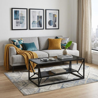 42" Black Glass Faux Marble And Metal Coffee Table With Shelf