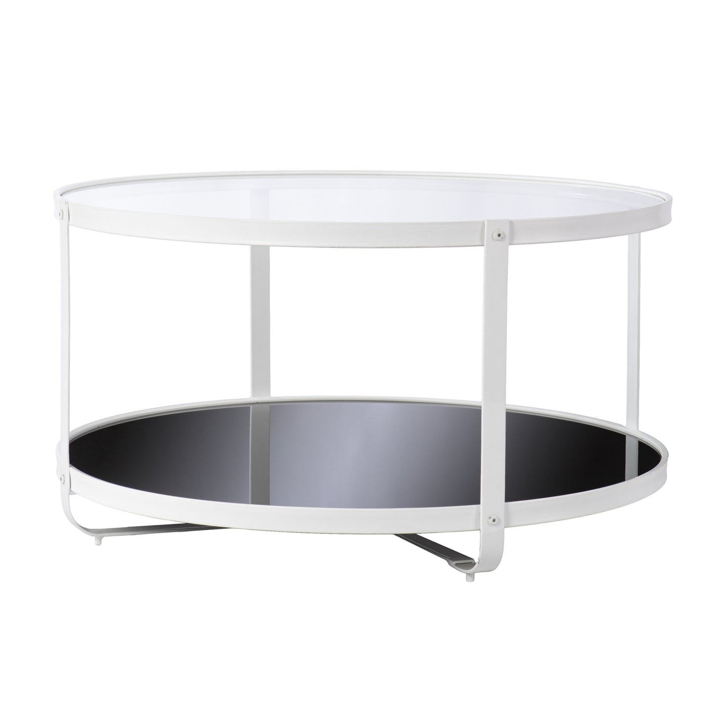 32" White Glass And Metal Two Tier Round Coffee Table