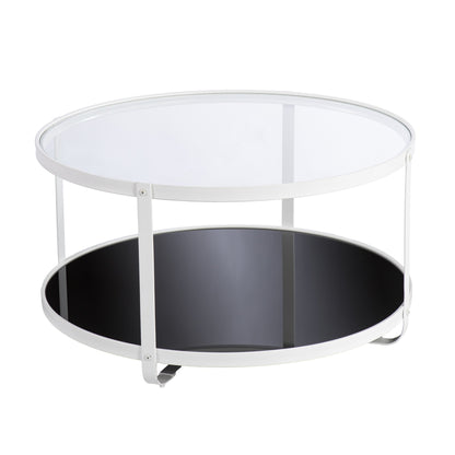 32" White Glass And Metal Two Tier Round Coffee Table