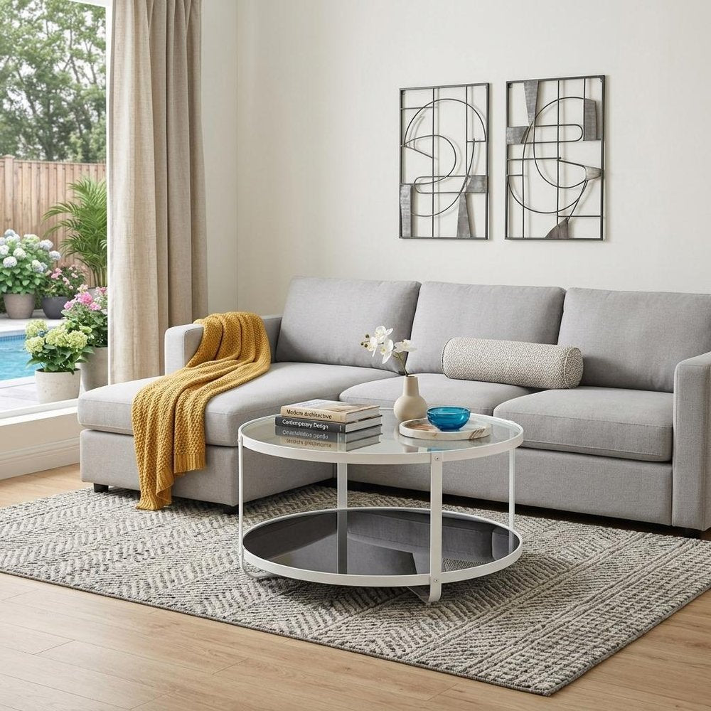 32" White Glass And Metal Two Tier Round Coffee Table