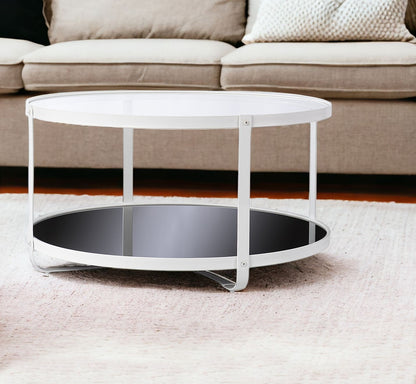 32" White Glass And Metal Two Tier Round Coffee Table