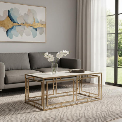 44" Champagne Glass And Metal Rectangular Coffee Table