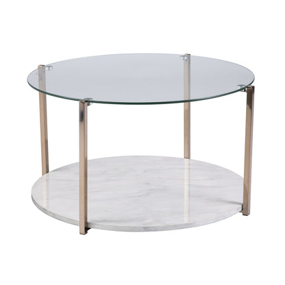 33" Gold Glam Glass And Faux Marble Two Tier Round Coffee Table