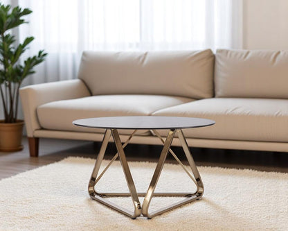 31" Smoky Black and Gold Glass and Metal Round Coffee Table