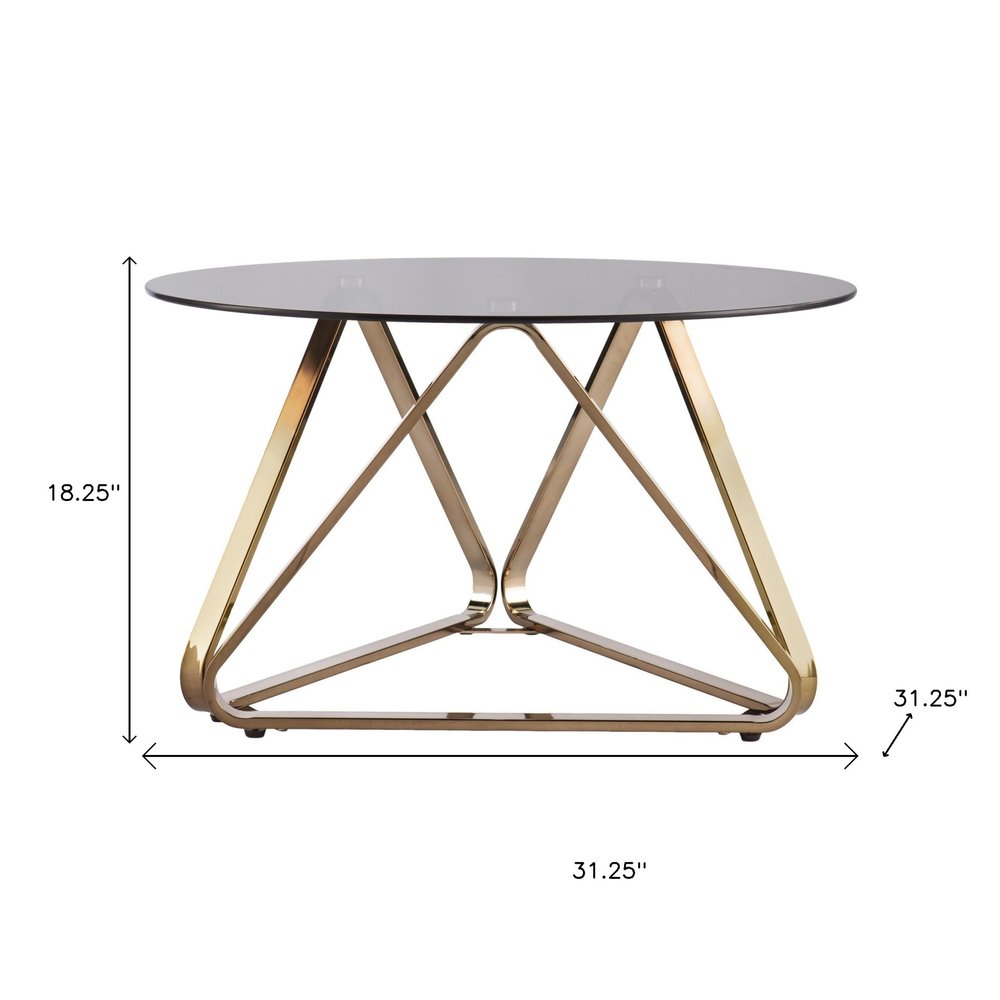 31" Smoky Black and Gold Glass and Metal Round Coffee Table
