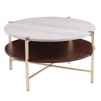 33" Brass Solid Manufactured Wood And Metal Round Coffee Table