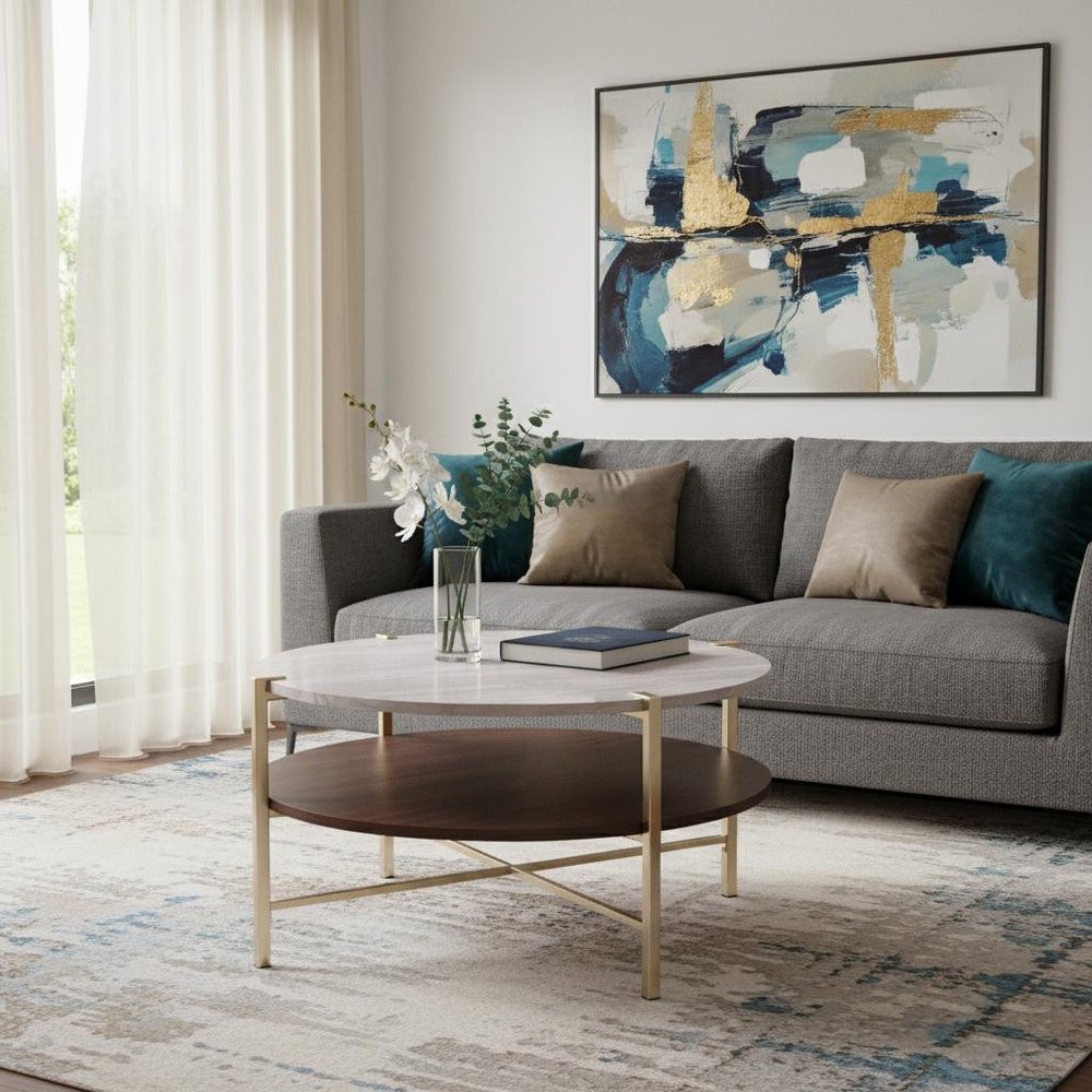 33" Brass Solid Manufactured Wood And Metal Round Coffee Table