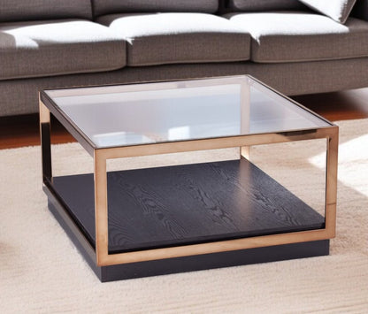 33" Champagne Glass And Solid Manufactured Wood Square Coffee Table