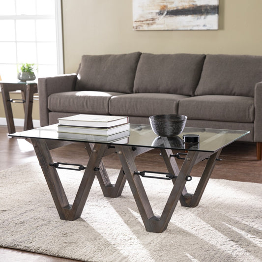 45" Brown Glass And Reclaimed Wood Coffee Table