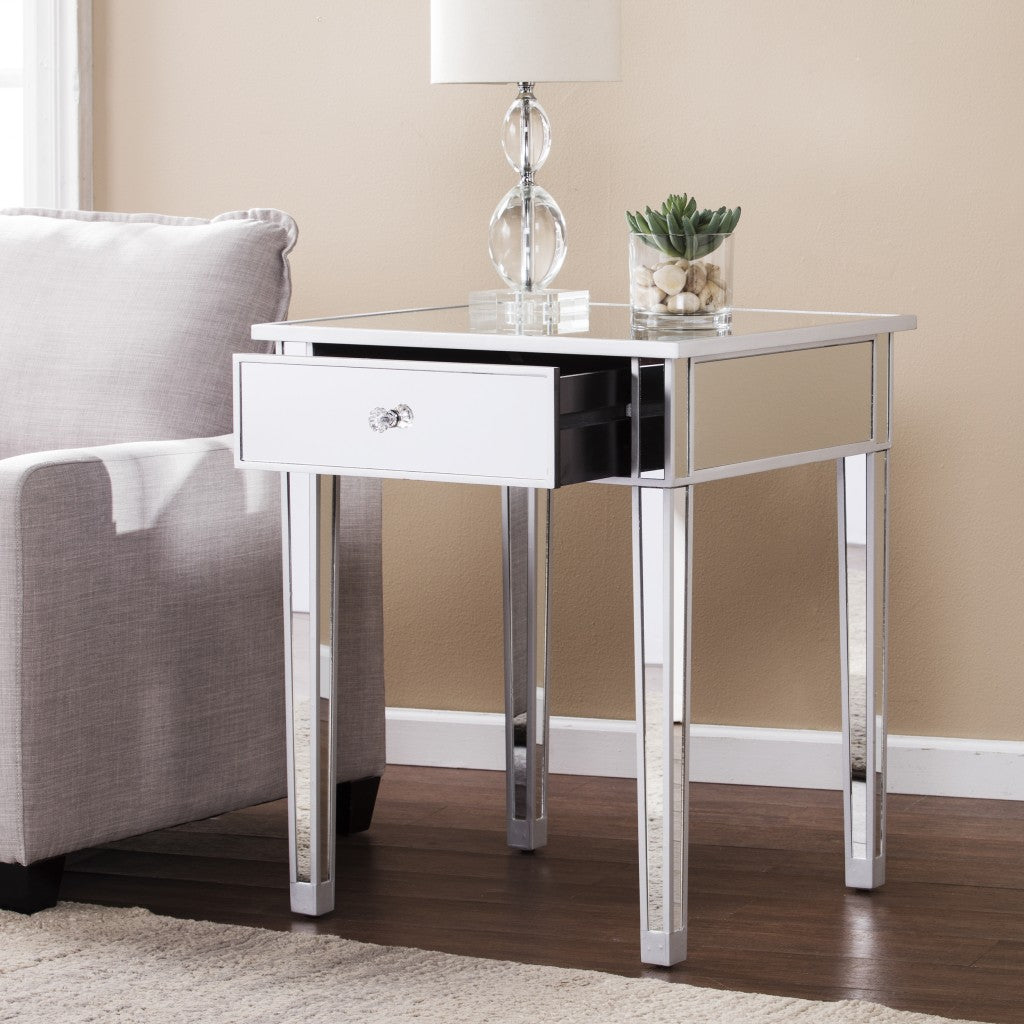 29" Silver And Reflective Glass Square End Table With Drawer