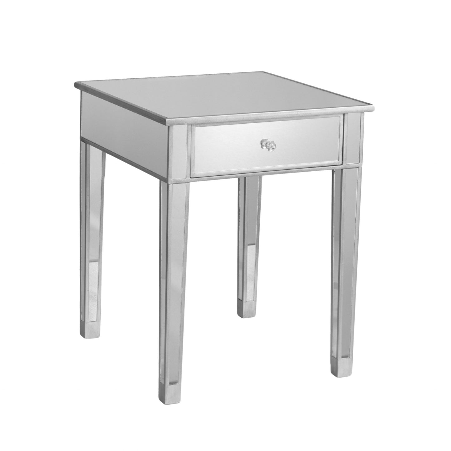 29" Silver And Reflective Glass Square End Table With Drawer