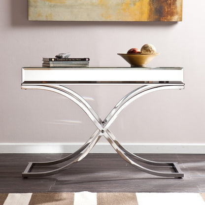 42" Silver Mirrored Glass and Metal Cross Leg Console Table