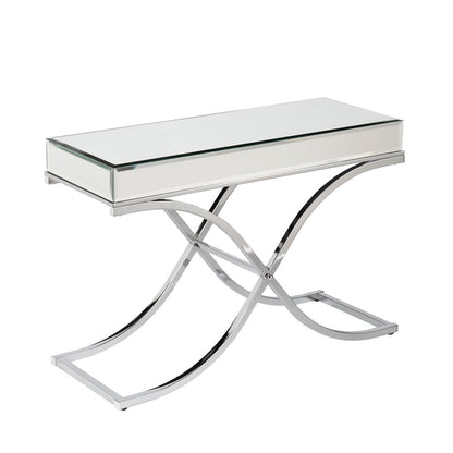 42" Silver Mirrored Glass and Metal Cross Leg Console Table