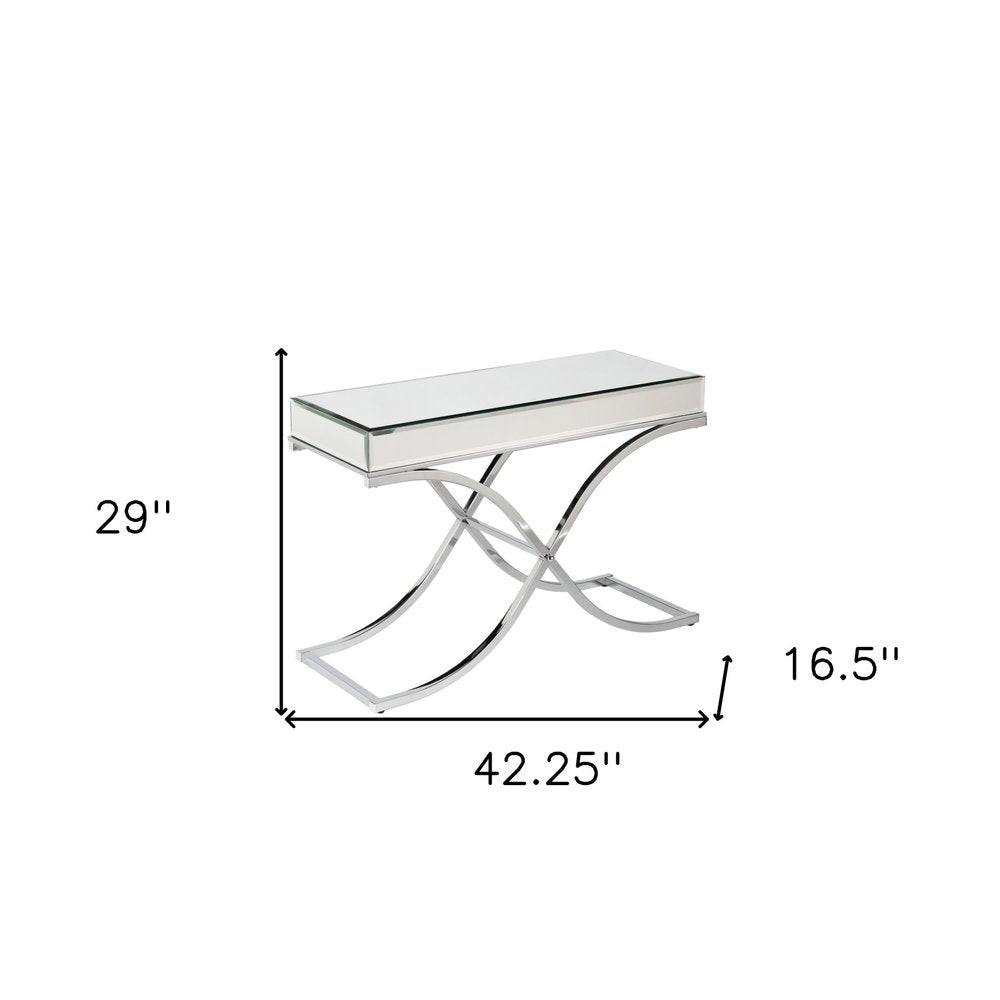 42" Silver Mirrored Glass and Metal Cross Leg Console Table