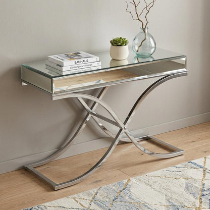 42" Silver Mirrored Glass and Metal Cross Leg Console Table